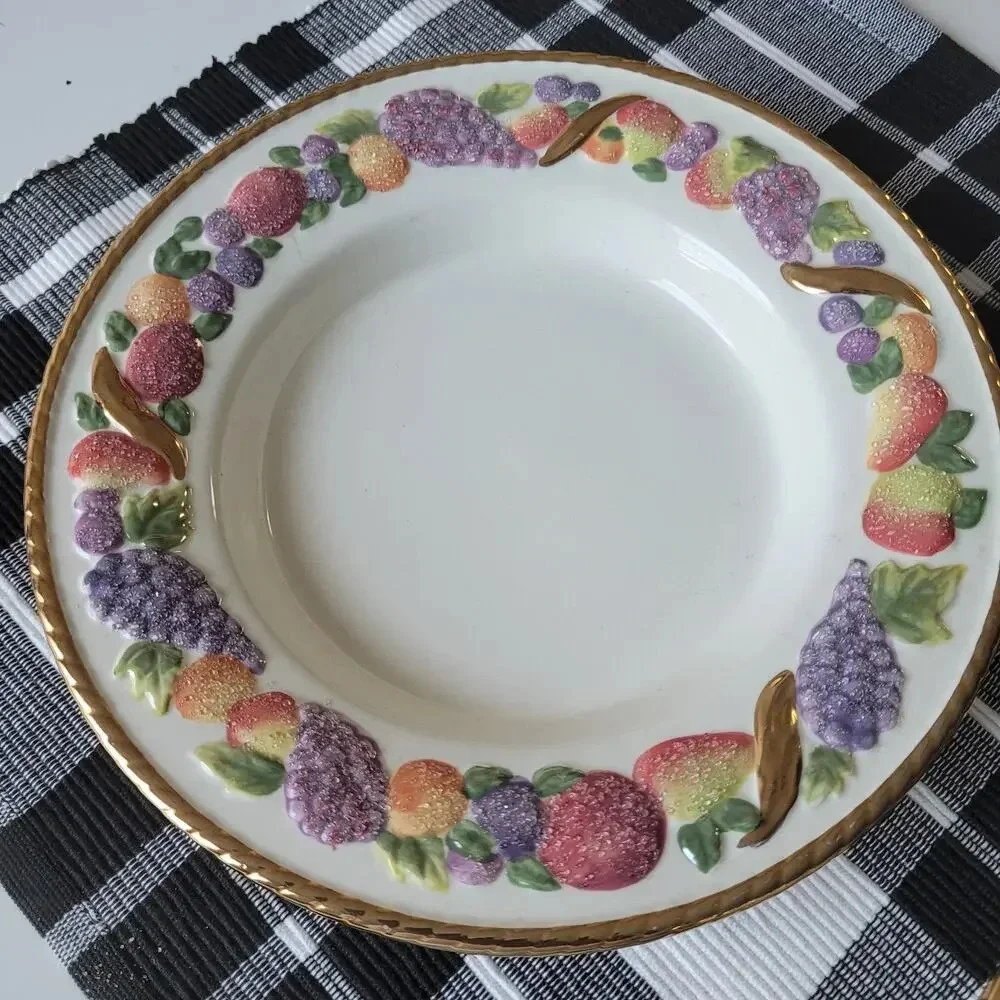 Vintage Avon Frosted Fruit Plate Set Dish Ivory Embossed Gold Trim Food Candle